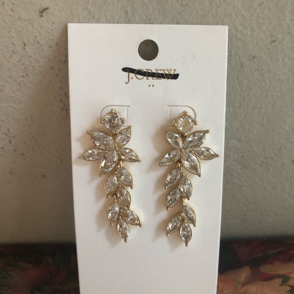 J. Crew Gold Tone Clear Crystal Leaf Cascade Earrings cubic zirconia new